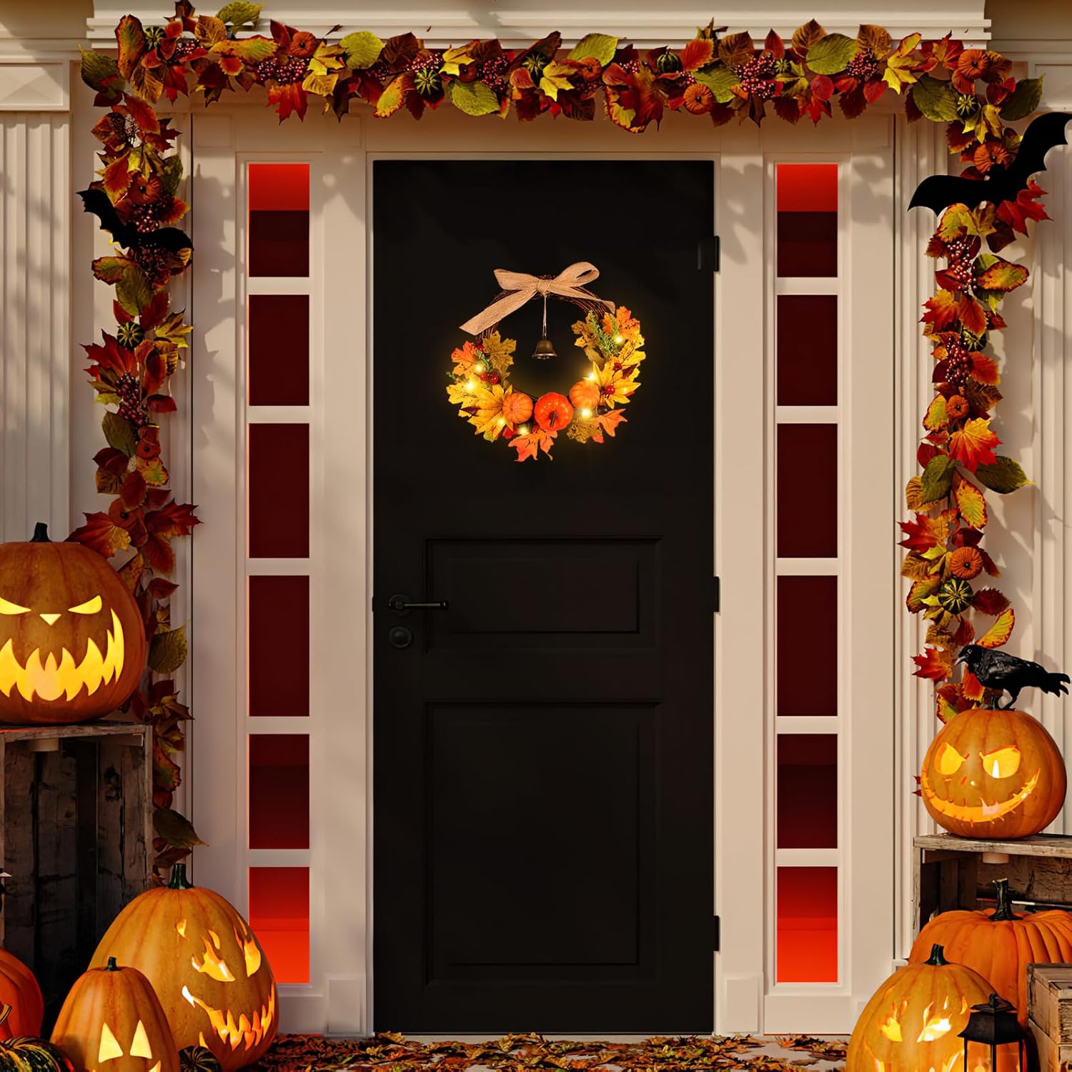 Warmiehomy 30cm Autumn Wreath with Hanger & LED Light, Front Door Fall Halloween Wreath Autumn Decorations with Pumpkins Pine Cones Maple Leaves Bells for Harvest Thanksgiving Christmas-4