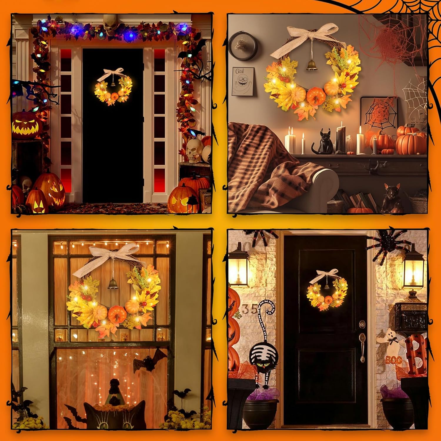 Warmiehomy 30cm Autumn Wreath with Hanger & LED Light, Front Door Fall Halloween Wreath Autumn Decorations with Pumpkins Pine Cones Maple Leaves Bells for Harvest Thanksgiving Christmas-5