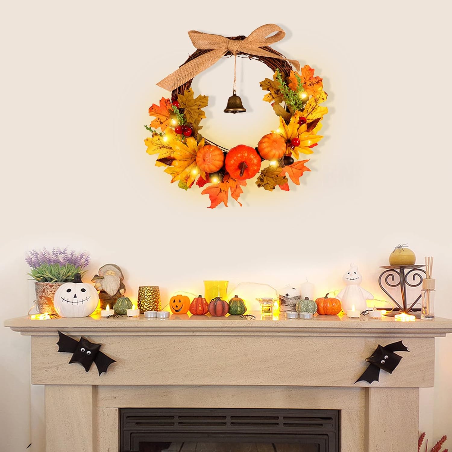 Warmiehomy 30cm Autumn Wreath with Hanger & LED Light, Front Door Fall Halloween Wreath Autumn Decorations with Pumpkins Pine Cones Maple Leaves Bells for Harvest Thanksgiving Christmas-6