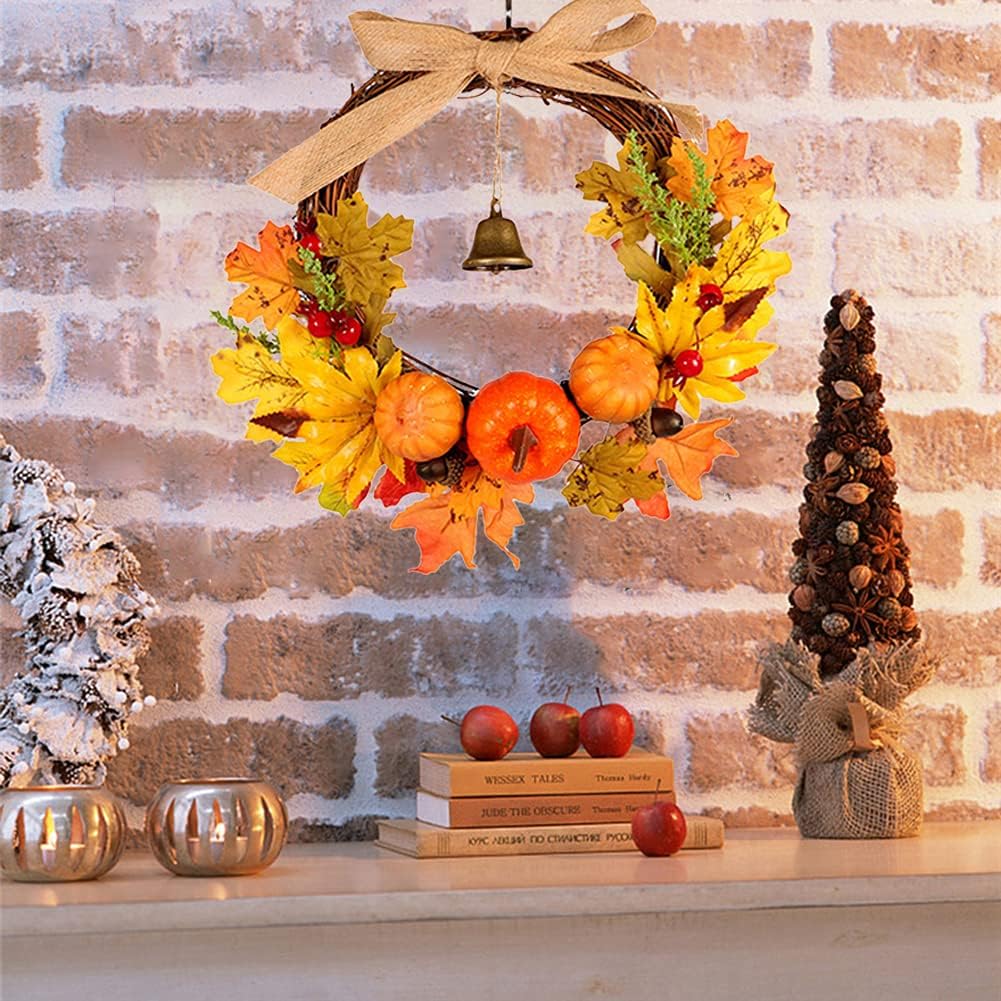 Warmiehomy 30cm Autumn Wreath with Hanger & LED Light, Front Door Fall Halloween Wreath Autumn Decorations with Pumpkins Pine Cones Maple Leaves Bells for Harvest Thanksgiving Christmas-7