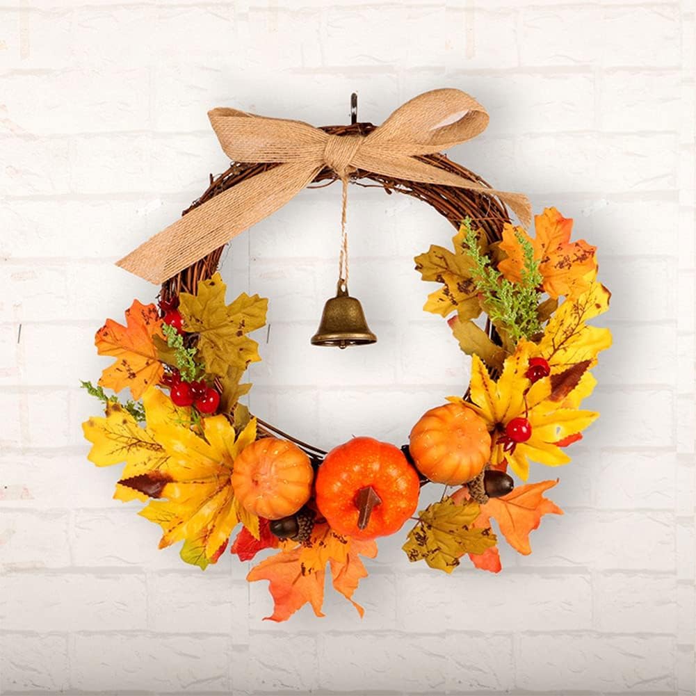 Warmiehomy 30cm Autumn Wreath with Hanger & LED Light, Front Door Fall Halloween Wreath Autumn Decorations with Pumpkins Pine Cones Maple Leaves Bells for Harvest Thanksgiving Christmas-8