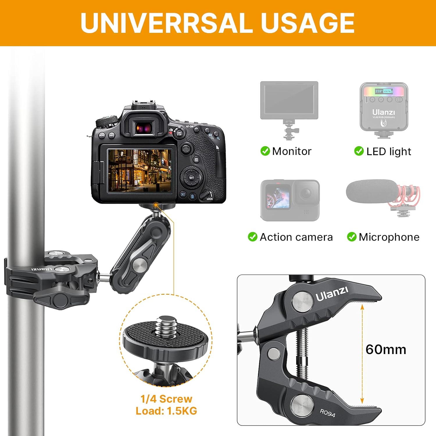 ULANZI R094 Super Clamp Camera Clamp Monitor Mount with 1/4'' & 3/8'' Scew, 360° Double Ballhead Magic Arm for Sony Canon Nikon DSLR Camara, Ronin, Microphone, Video Light, Rod, Cross Bar-1