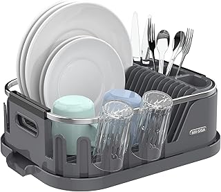 MR.SIGA Dish Drying Rack for Kitchen Counter, Compact Dish Drainer with Drainboard, Utensil Holder and Cup Rack, Plastic Kitchen Drying Rack for Dishes, Cups, Knives, Spoons and Forks,Grey