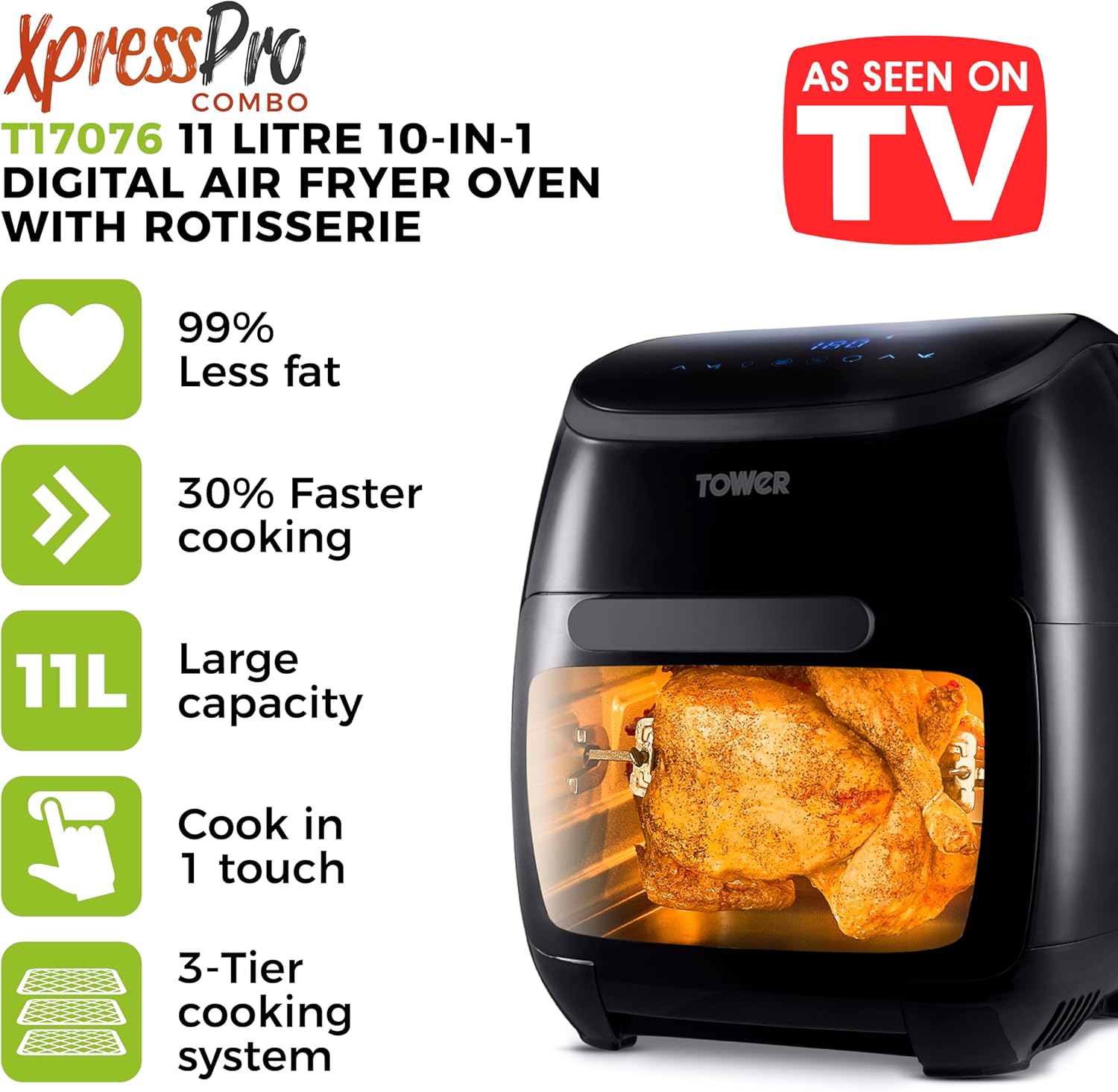 Tower T17076 Xpress Pro Combo 10-in-1 Digital Air Fryer Oven with Rapid Air Circulation, 60-Minute Timer, 11L, 2000W, Black-1