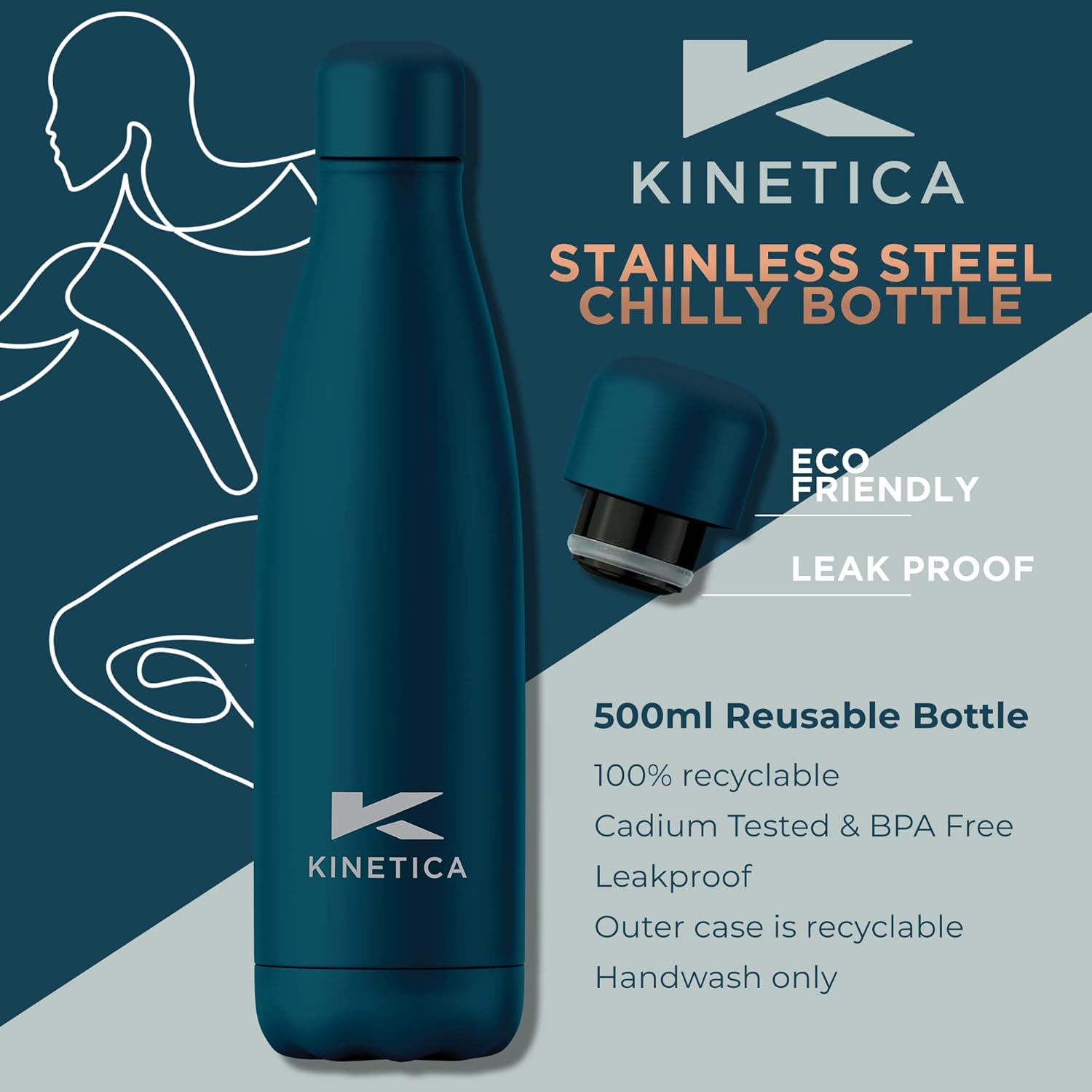 Kinetica Stainless Steel Chilly Bottle, 500 ml, Hot or Cold Drinks BPA-1