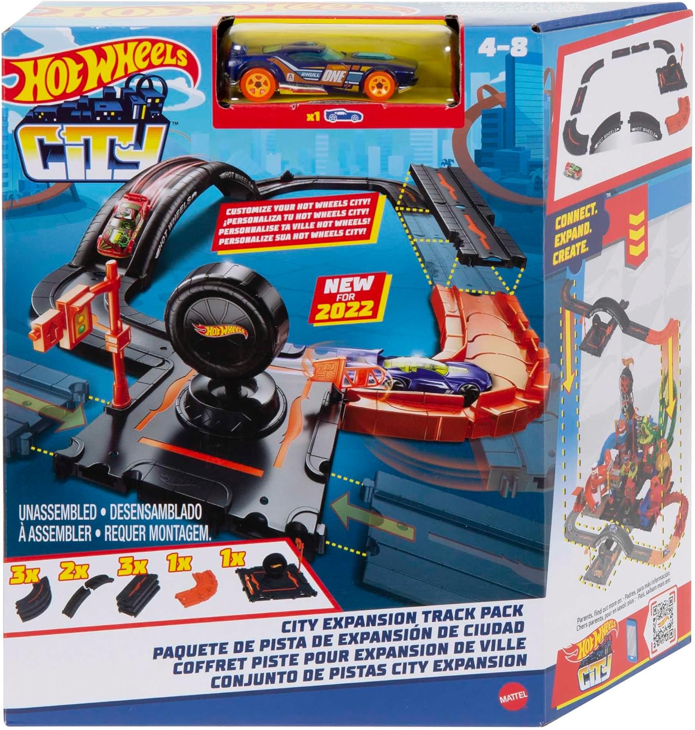 Hot Wheels City Track Pack, 10 Piece Set Includes Track Base & Various Track Pieces to Build a Cityscape, with 1 Hot Wheels Car, Connects to Other Sets, Gift for Kids 4 Years & Up, HDN95-0