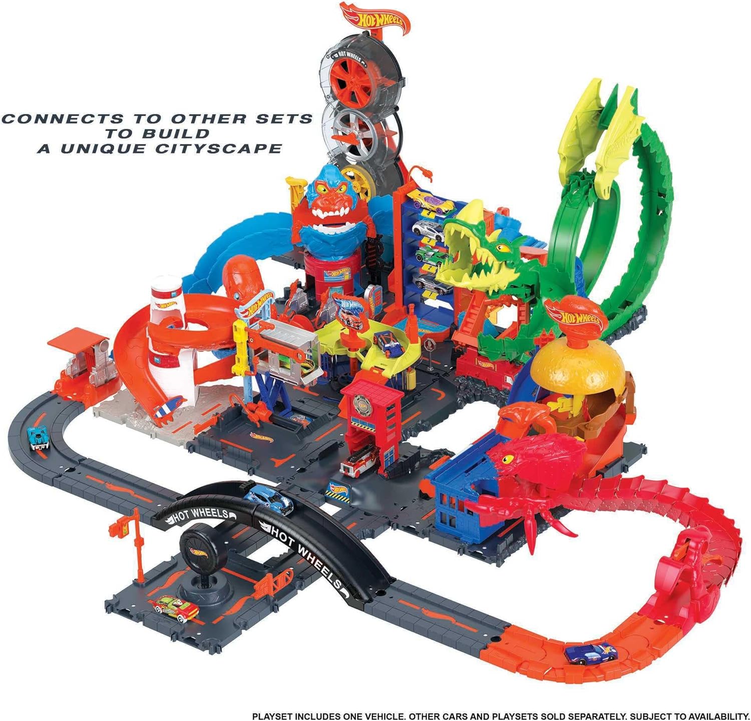 Hot Wheels City Track Pack, 10 Piece Set Includes Track Base & Various Track Pieces to Build a Cityscape, with 1 Hot Wheels Car, Connects to Other Sets, Gift for Kids 4 Years & Up, HDN95-6