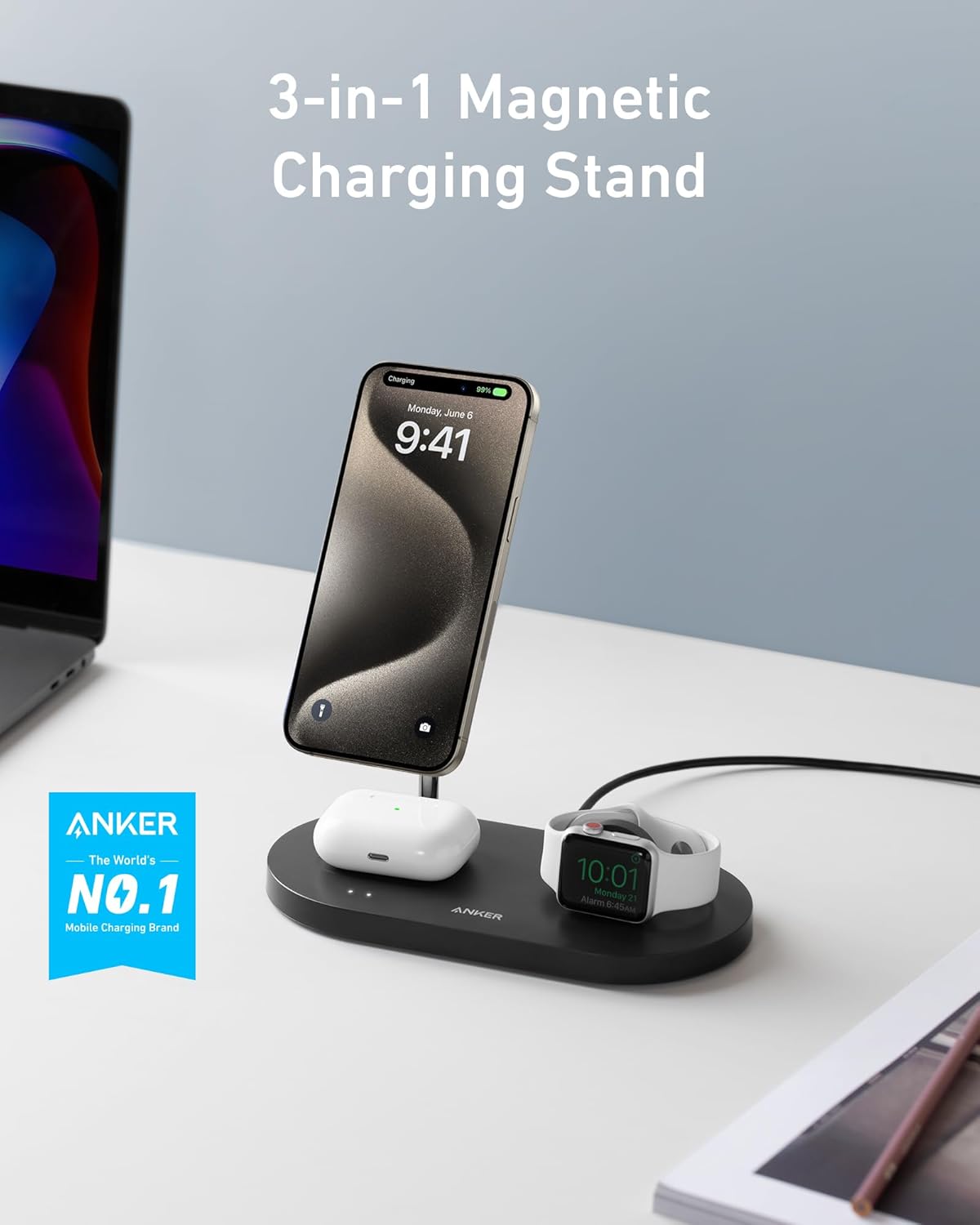 Wireless charger, Anker Magnetic Charging Station (3-in-1 Stand), Compatible with iPhone 15/14/13 Series, AirPods 3/2/Pro, Apple Watch 1-6 (Watch Cable Not Included)-1