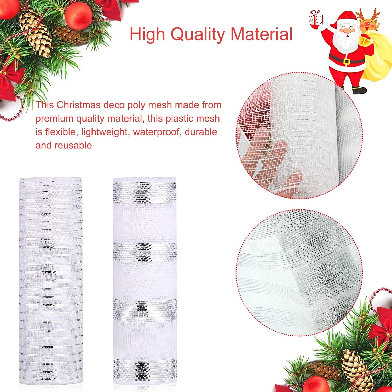 2 Rolls Decor Mesh Poly Ribbons 10 Inch x 30 Feet Each Roll Metallic Foil Mesh Ribbon Christmas Tree Decorative Mesh Silver and White Rolls for Xmas Wreaths,Swags and Home Decorating-2