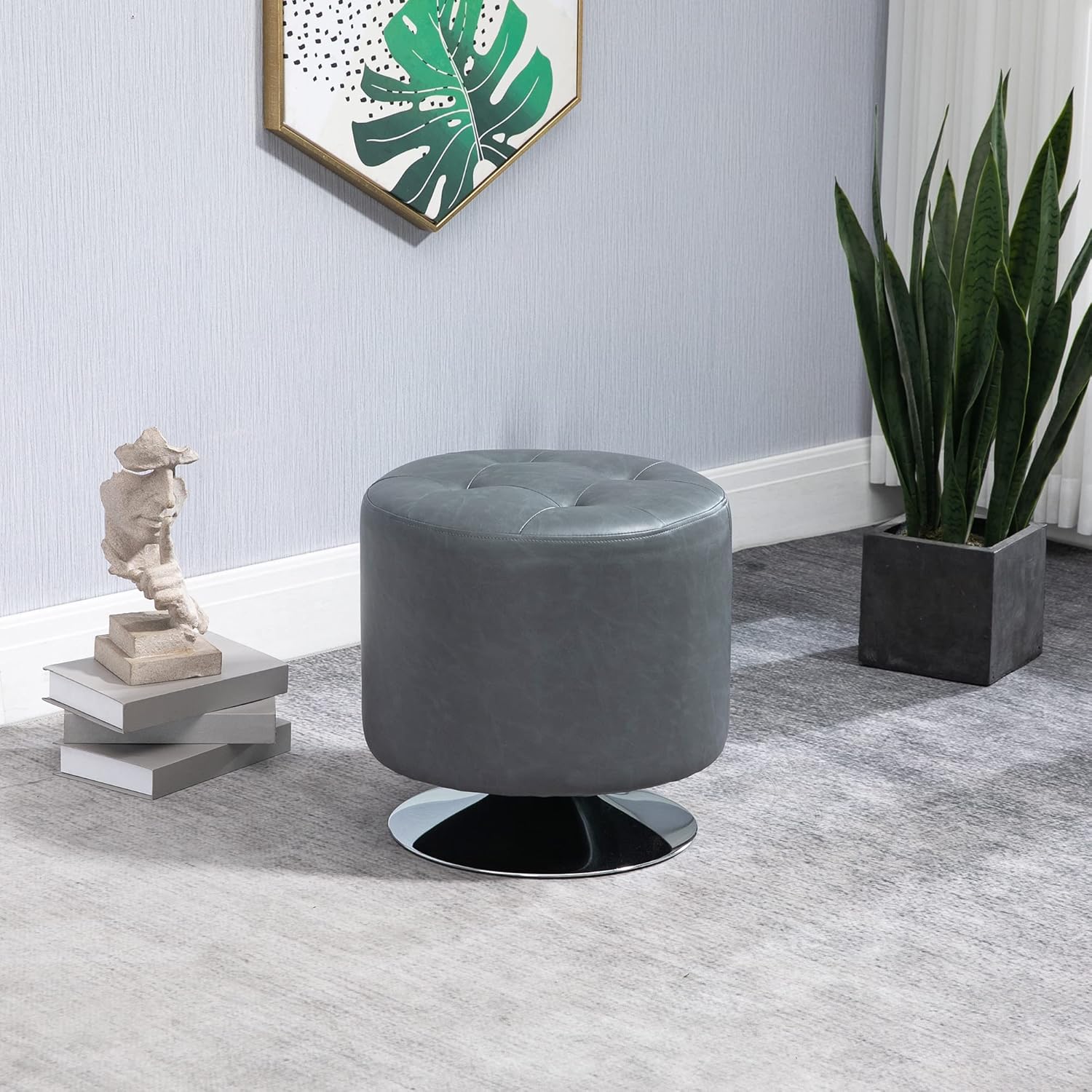 HOMCOM 360° Swivel Foot Stool Round PU Ottoman with Thick Sponge Padding and Solid Steel Base, Grey-1