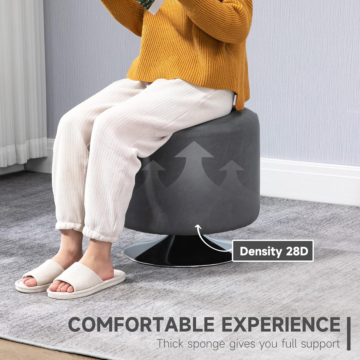 HOMCOM 360° Swivel Foot Stool Round PU Ottoman with Thick Sponge Padding and Solid Steel Base, Grey-6