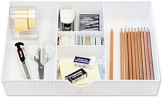 Amtido Desk Drawer Organiser Tray for Office Stationary Supplies & Accessories - Draw Tidy Storage Box – 3 Compartments with 2 Adjustable Dividers – White - 2 Pack