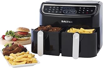 Salter EK4548 Dual Air Fryer - Double Drawer, 2 XL Non-Stick Cooking Trays, Sync & Match Cook Function, Independent Cooking, 8.2L, Sensor Touch Display, 12 Presets, Oil Free, 2200W-2600W, Black/Silver