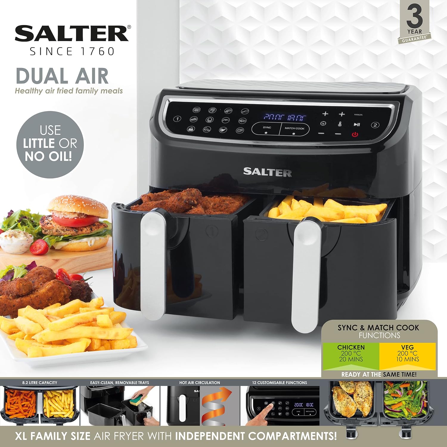 Salter EK4548 Dual Air Fryer - Double Drawer, 2 XL Non-Stick Cooking Trays, Sync & Match Cook Function, Independent Cooking, 8.2L, Sensor Touch Display, 12 Presets, Oil Free, 2200W-2600W, Black/Silver-2