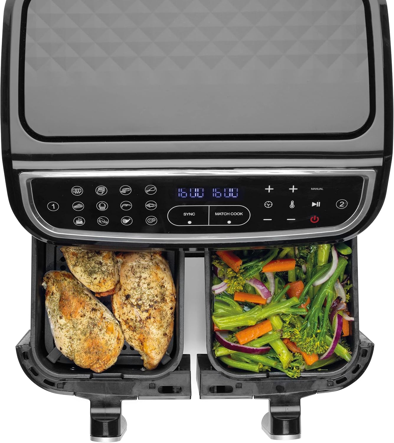 Salter EK4548 Dual Air Fryer - Double Drawer, 2 XL Non-Stick Cooking Trays, Sync & Match Cook Function, Independent Cooking, 8.2L, Sensor Touch Display, 12 Presets, Oil Free, 2200W-2600W, Black/Silver-8