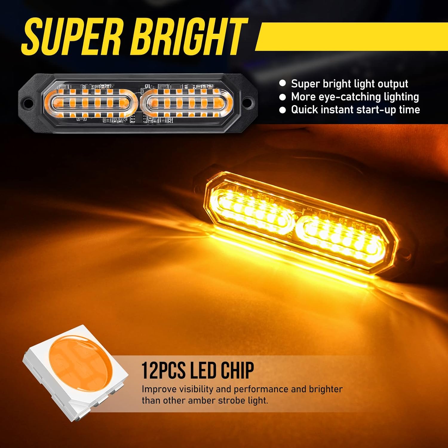 OPP ULITE 12LED Amber Emergency Hazard Strobe Warning Grille Working Light Bar for 12-24V Car Vehicle, Waterproof Safety Flashing Beacon Light for Truck Van Trailer Caravan Camper(CB-02-4PCS)-1