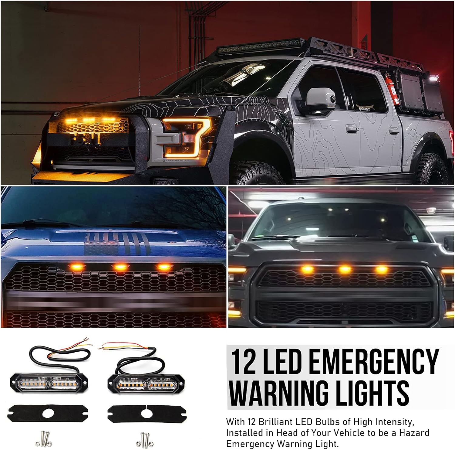 OPP ULITE 12LED Amber Emergency Hazard Strobe Warning Grille Working Light Bar for 12-24V Car Vehicle, Waterproof Safety Flashing Beacon Light for Truck Van Trailer Caravan Camper(CB-02-4PCS)-6