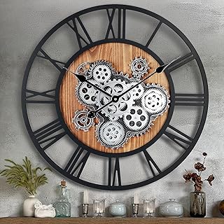 Lafocuse 23 Inch Wooden Real Moving Gears Wall Clock Black,Large Wall Clock Oversized Vintage Rustic Farmhouse Industrial Clocks for Living Room Decor