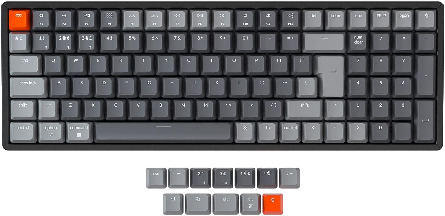 Keychron K4 Wireless Bluetooth/USB Wired Gaming Mechanical Keyboard, Compact 100 Keys ISO-UK-Layout RGB LED Backlit Gateron Brown Switch N-Key Rollover, Aluminum Frame for Mac Windows，Version 2-0