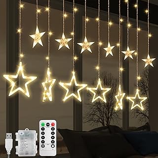 Jsdoin Christmas LED Stars Curtain Lights,12 Stars 138 Window Curtain String Lights with 8 Flashing Modes Decoration for Wedding, Party,Wall, Home Decorations,USB/Battery Powered (A - Warm White)