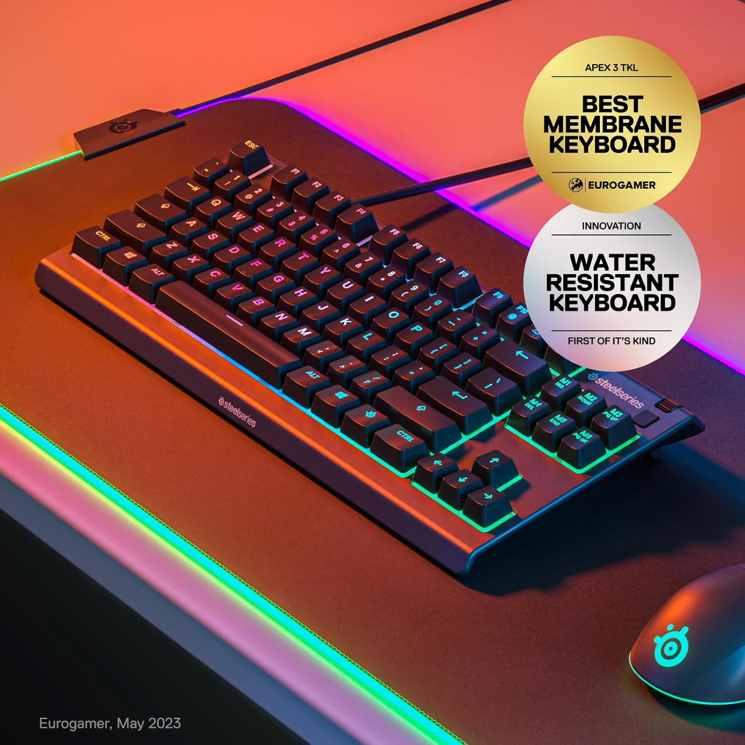 SteelSeries Apex 3 TKL - RGB Gaming Keyboard - Tenkeyless Compact Esports Form Factor - 8-Zone RGB Illumination - IP32 Water & Dust Resistant - English QWERTY Layout , Black-1