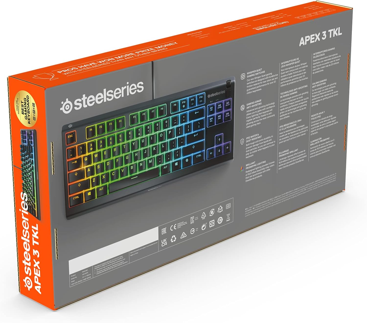 SteelSeries Apex 3 TKL - RGB Gaming Keyboard - Tenkeyless Compact Esports Form Factor - 8-Zone RGB Illumination - IP32 Water & Dust Resistant - English QWERTY Layout , Black-12