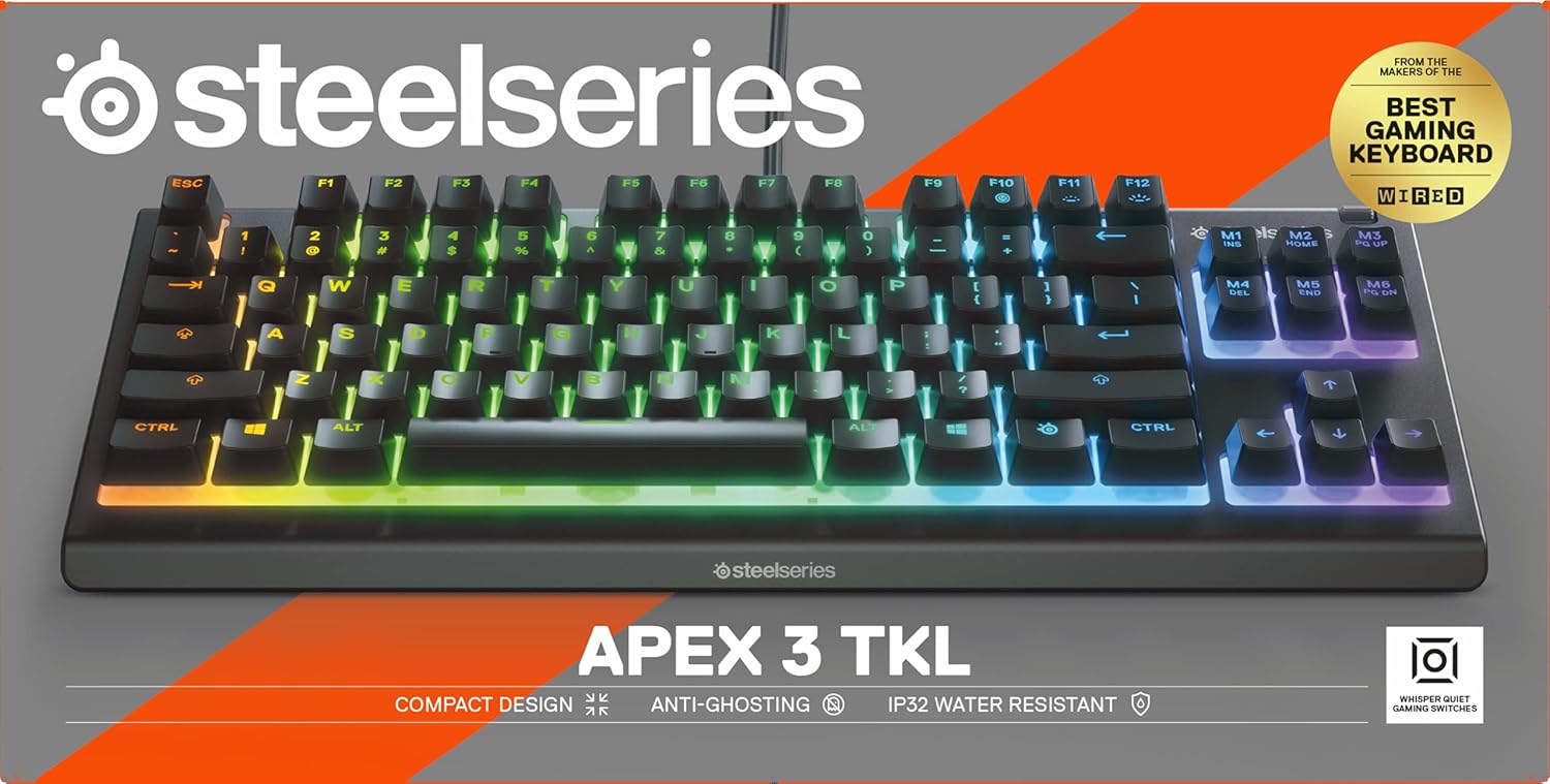 SteelSeries Apex 3 TKL - RGB Gaming Keyboard - Tenkeyless Compact Esports Form Factor - 8-Zone RGB Illumination - IP32 Water & Dust Resistant - English QWERTY Layout , Black-14