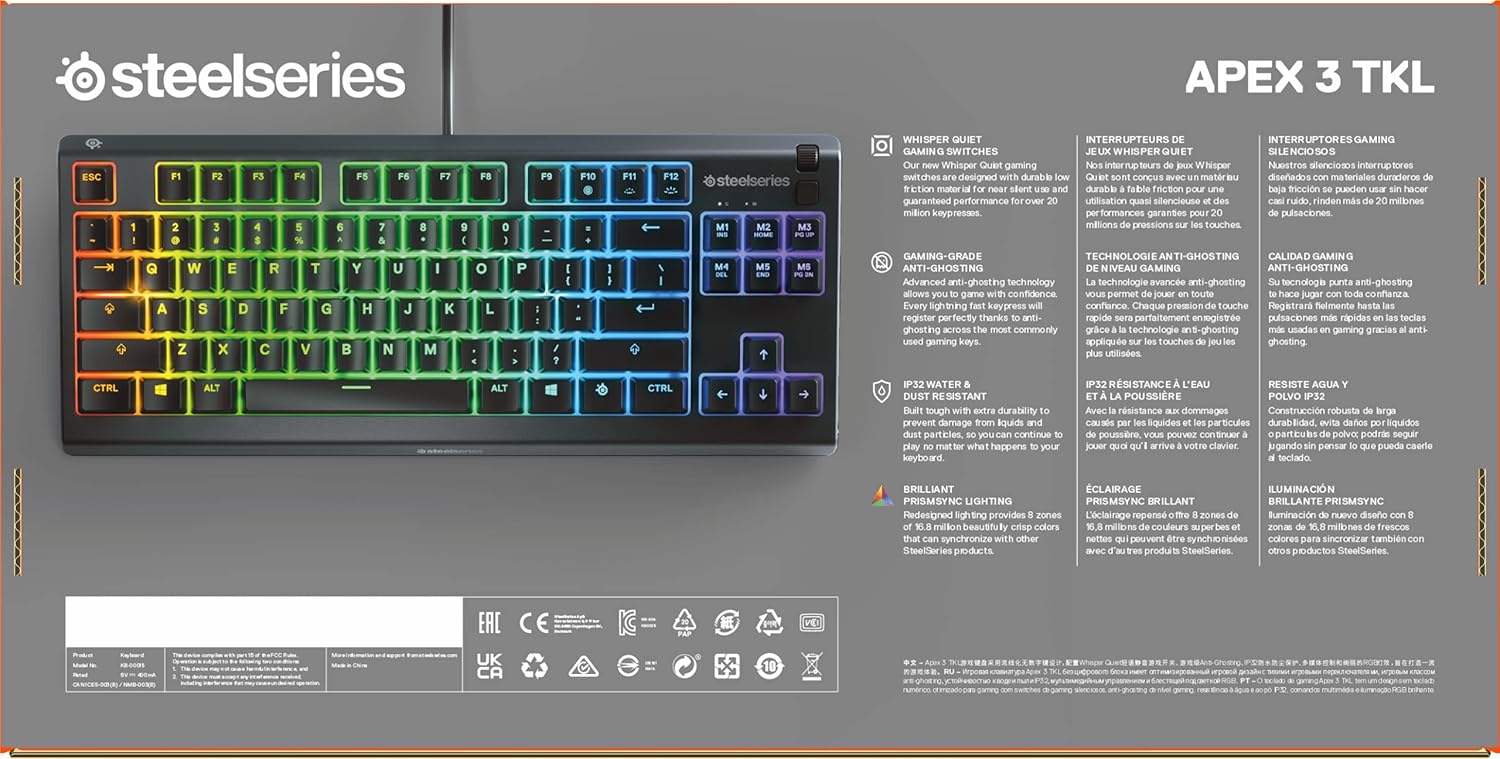 SteelSeries Apex 3 TKL - RGB Gaming Keyboard - Tenkeyless Compact Esports Form Factor - 8-Zone RGB Illumination - IP32 Water & Dust Resistant - English QWERTY Layout , Black-15