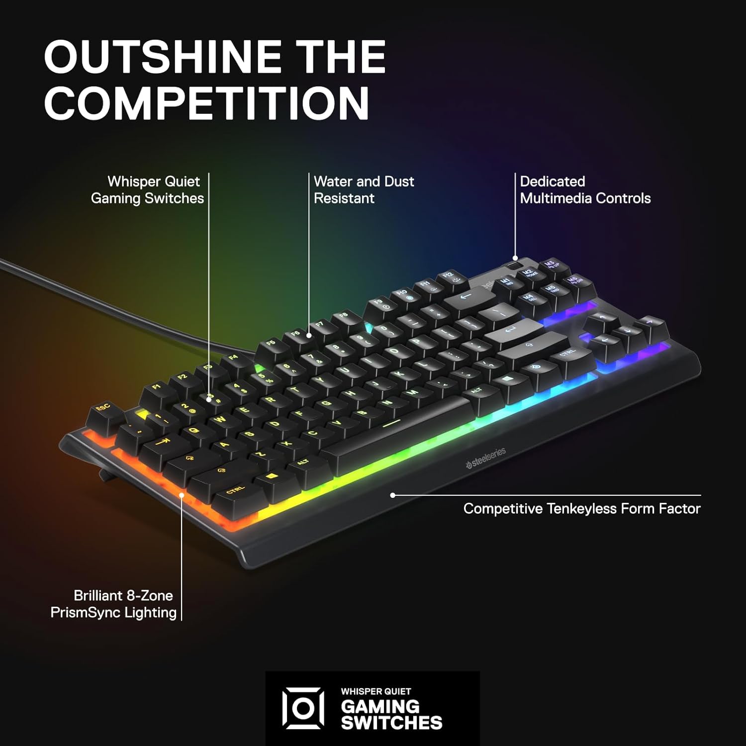 SteelSeries Apex 3 TKL - RGB Gaming Keyboard - Tenkeyless Compact Esports Form Factor - 8-Zone RGB Illumination - IP32 Water & Dust Resistant - English QWERTY Layout , Black-2