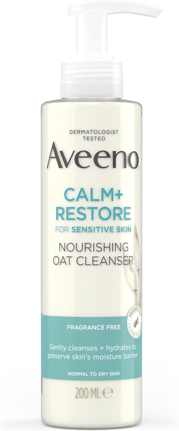 Aveeno Face Calm+Restore Nourishing Oat Cleanser (1x 200ml), Gentle Cleanser with Prebiotic Oat and Calming Feverfew, Non Foaming Cleanser, Helps Preserve Skin's Barrier-0