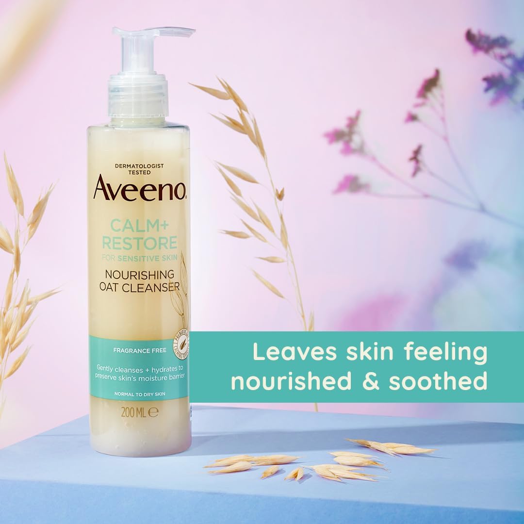 Aveeno Face Calm+Restore Nourishing Oat Cleanser (1x 200ml), Gentle Cleanser with Prebiotic Oat and Calming Feverfew, Non Foaming Cleanser, Helps Preserve Skin's Barrier-6