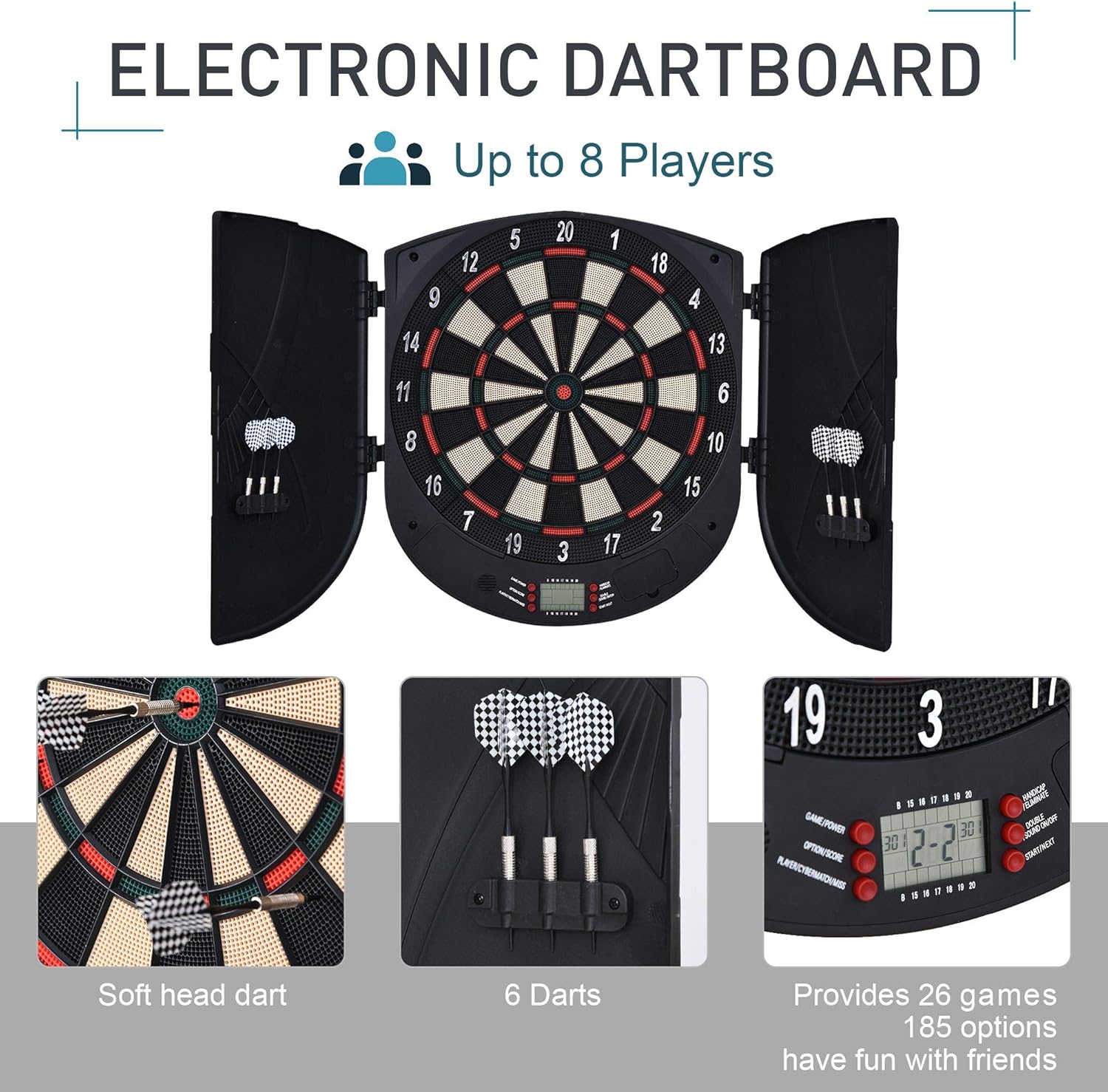 HOMCOM Electronic Dartboard Set 26 Games and 185 Variations with 6 Darts and Cabinet to Stroage Multi-Game Option Ready-to-Play-2