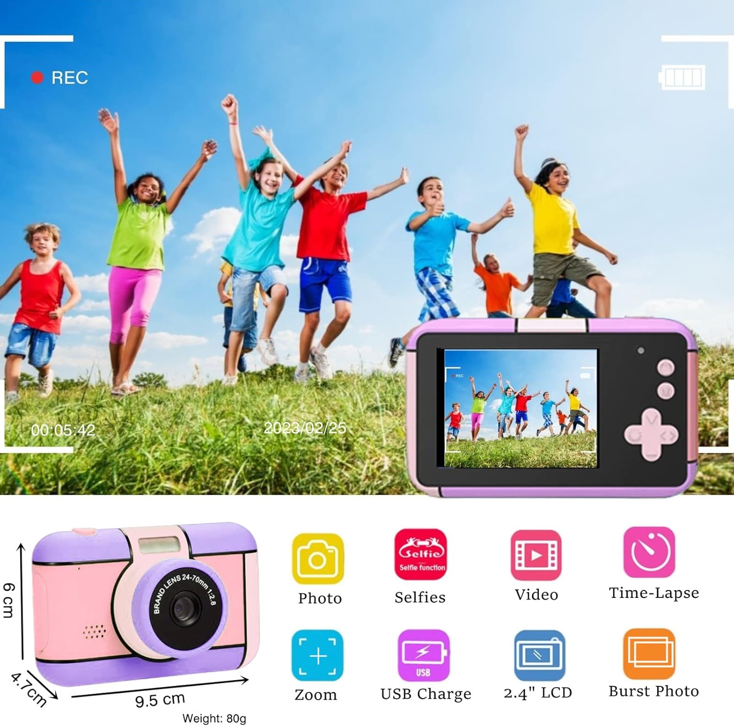 YunLone Kids Digital Camera Selfie Camera for Kids Children 3-10 Years 1080P FHD Video Camera Cam with 2.4” LCD, 32GB Card, 4X Zoom, Filters, Kids Camera Gift for Girls 3 4 5 6 7 8 9 10 Years (Purple)-1