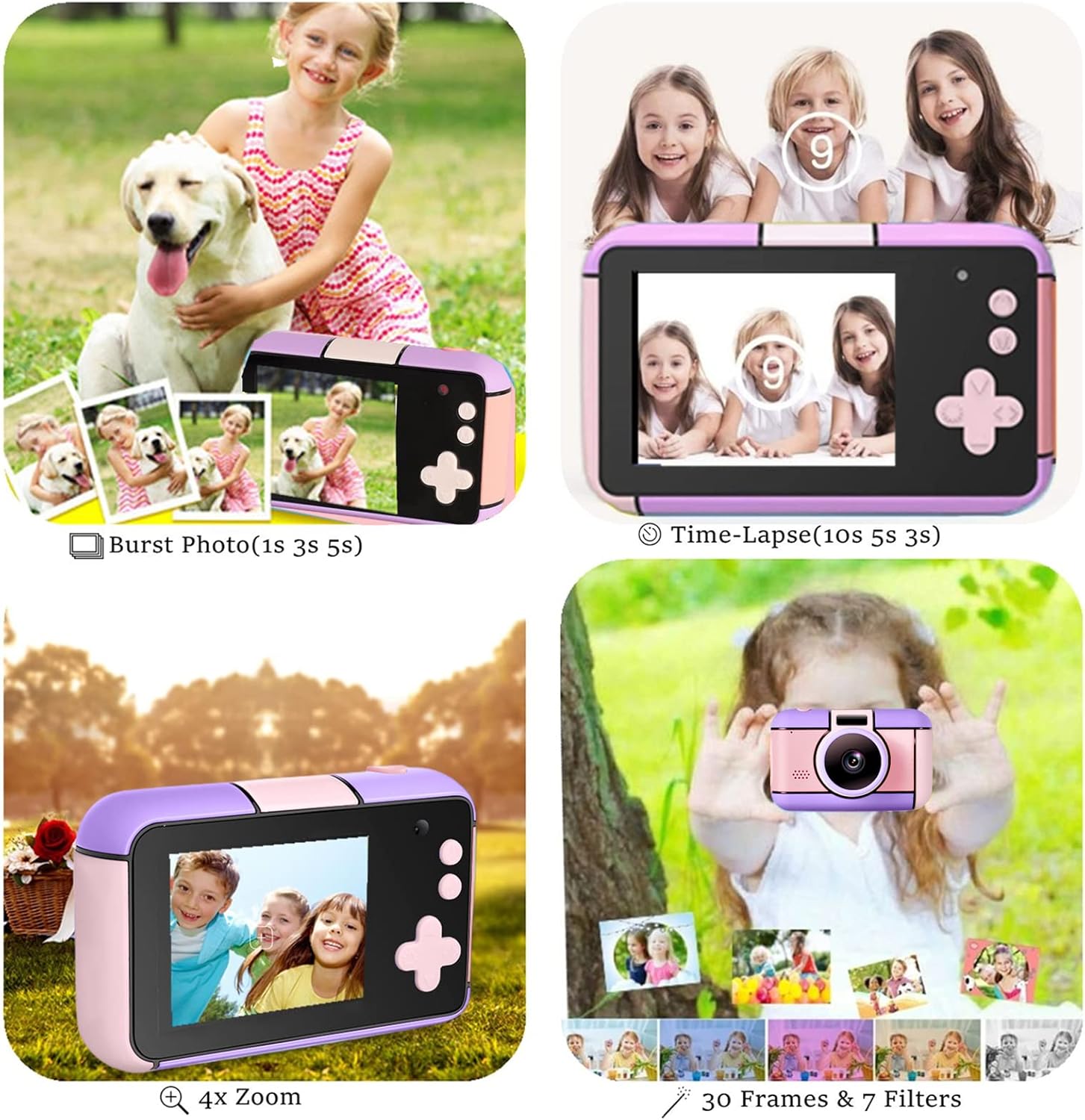 YunLone Kids Digital Camera Selfie Camera for Kids Children 3-10 Years 1080P FHD Video Camera Cam with 2.4” LCD, 32GB Card, 4X Zoom, Filters, Kids Camera Gift for Girls 3 4 5 6 7 8 9 10 Years (Purple)-3