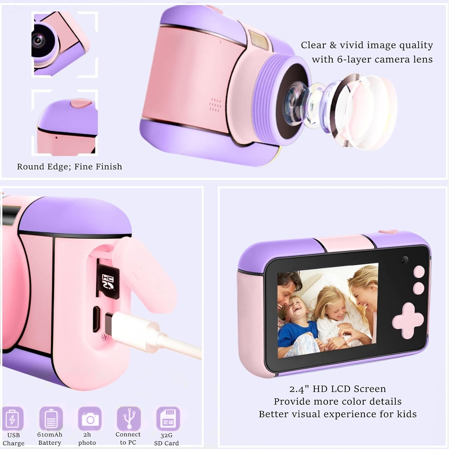 YunLone Kids Digital Camera Selfie Camera for Kids Children 3-10 Years 1080P FHD Video Camera Cam with 2.4” LCD, 32GB Card, 4X Zoom, Filters, Kids Camera Gift for Girls 3 4 5 6 7 8 9 10 Years (Purple)-4