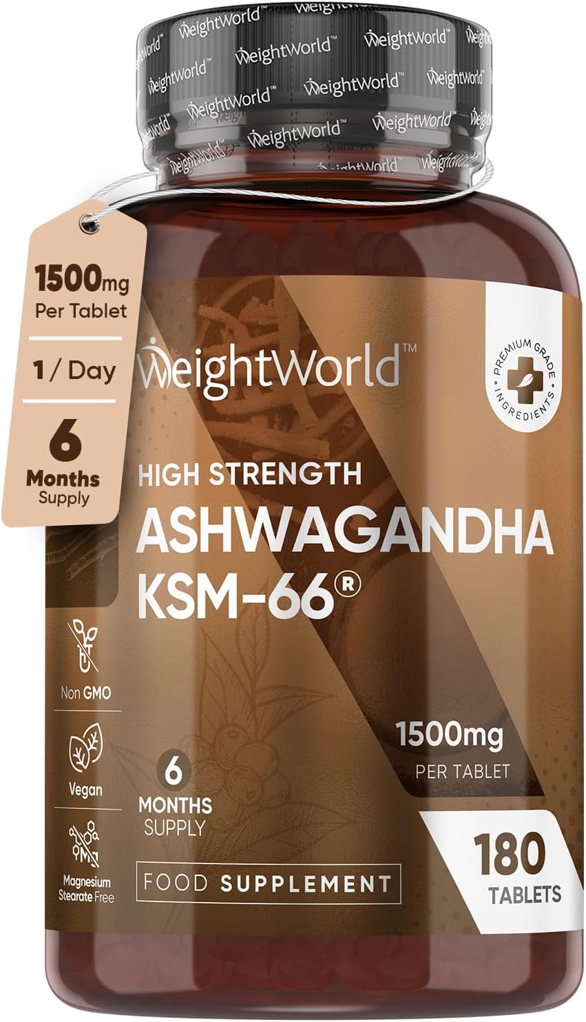 Ashwagandha KSM-66® 1500mg - 6 Months Supply - Ashwagandha High Strength Supplement with 5% Withanolides for Men & Women - Pure Ashwagandha Root Powder Tablets (Not Ashwagandha Capsules)-0