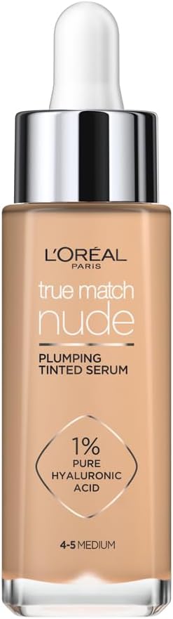 L'Oreal Paris True Match Tinted Serum Foundation, 1% Hyaluronic Acid, Hydrating Formula, Replumps Skin in 1 Hour for a Natural Glowing Finish, 30 ml, Shade 4-5 Medium-0