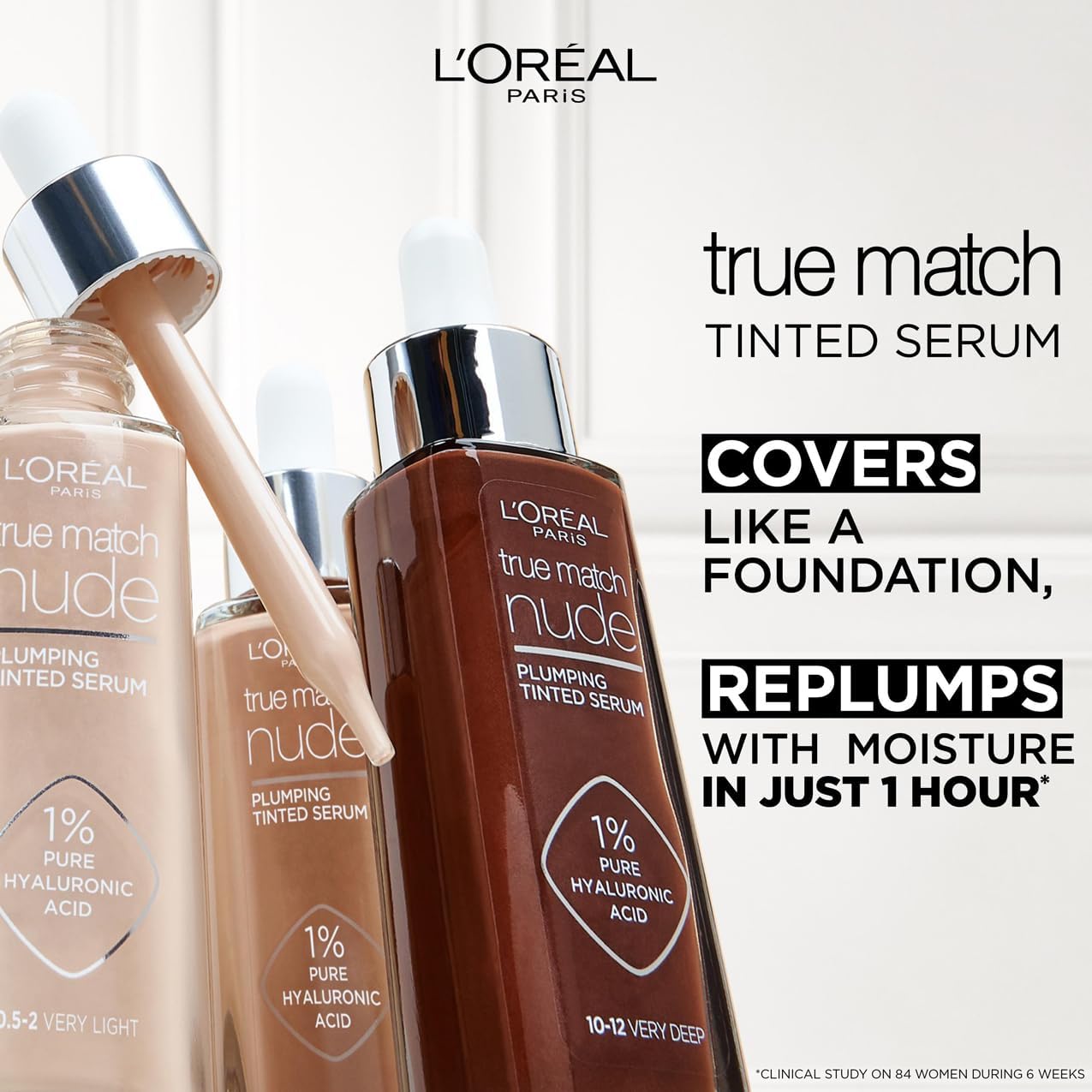 L'Oreal Paris True Match Tinted Serum Foundation, 1% Hyaluronic Acid, Hydrating Formula, Replumps Skin in 1 Hour for a Natural Glowing Finish, 30 ml, Shade 4-5 Medium-1