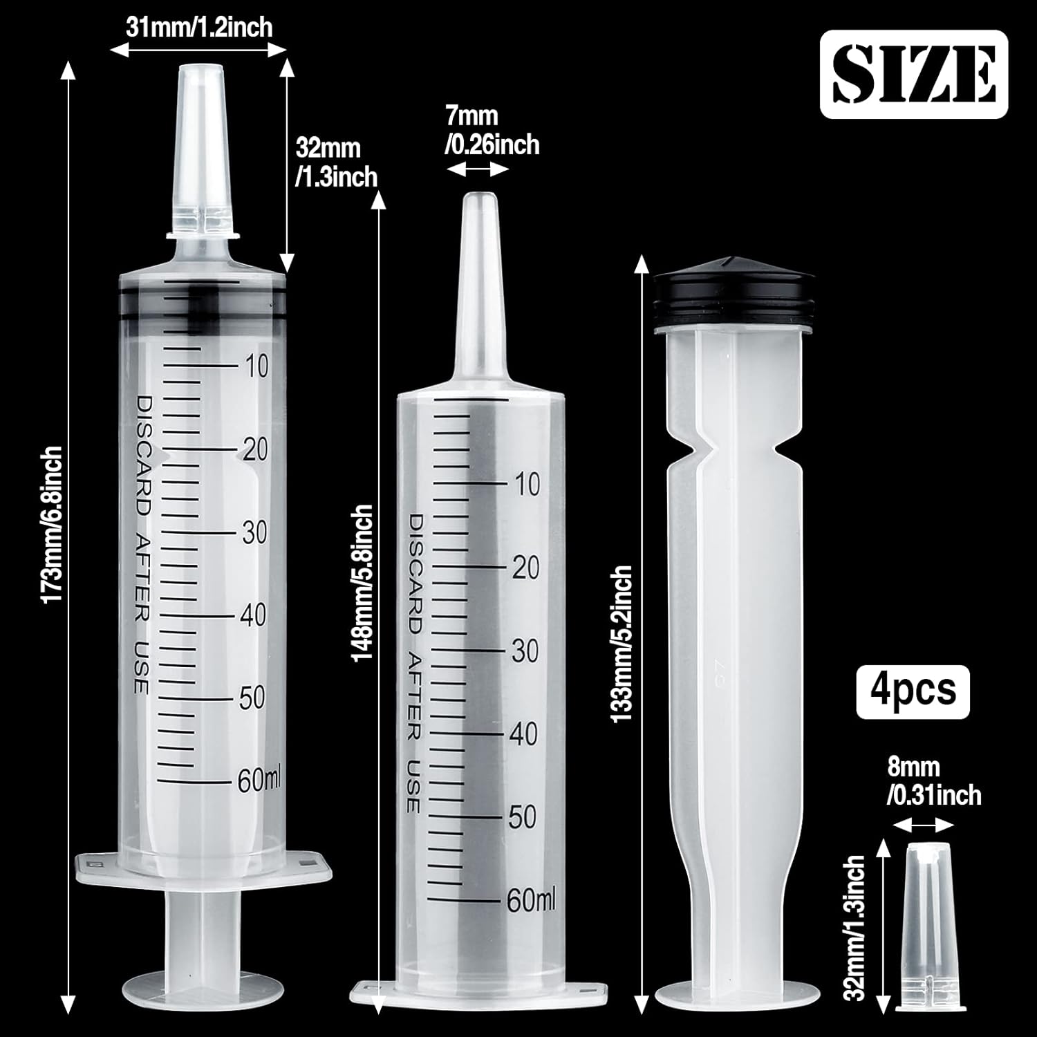 60ml Syringe 4 pack Plastic Syringe with Cap Feeding Syringe for Pets Individually Packaged Syringes Measuring Syringe Sterile for Labs, Food, Dispensing, Watering-1