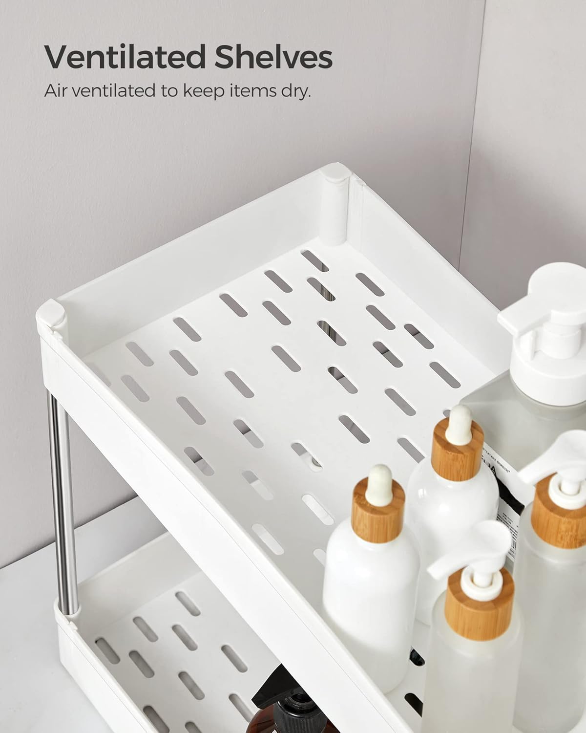 SONGMICS Under Sink Storage Kitchen Organiser, Under Bathroom Sink Storage 2 Tier Organizer Bath Collection Baskets with Hooks，White BUO001W01-4