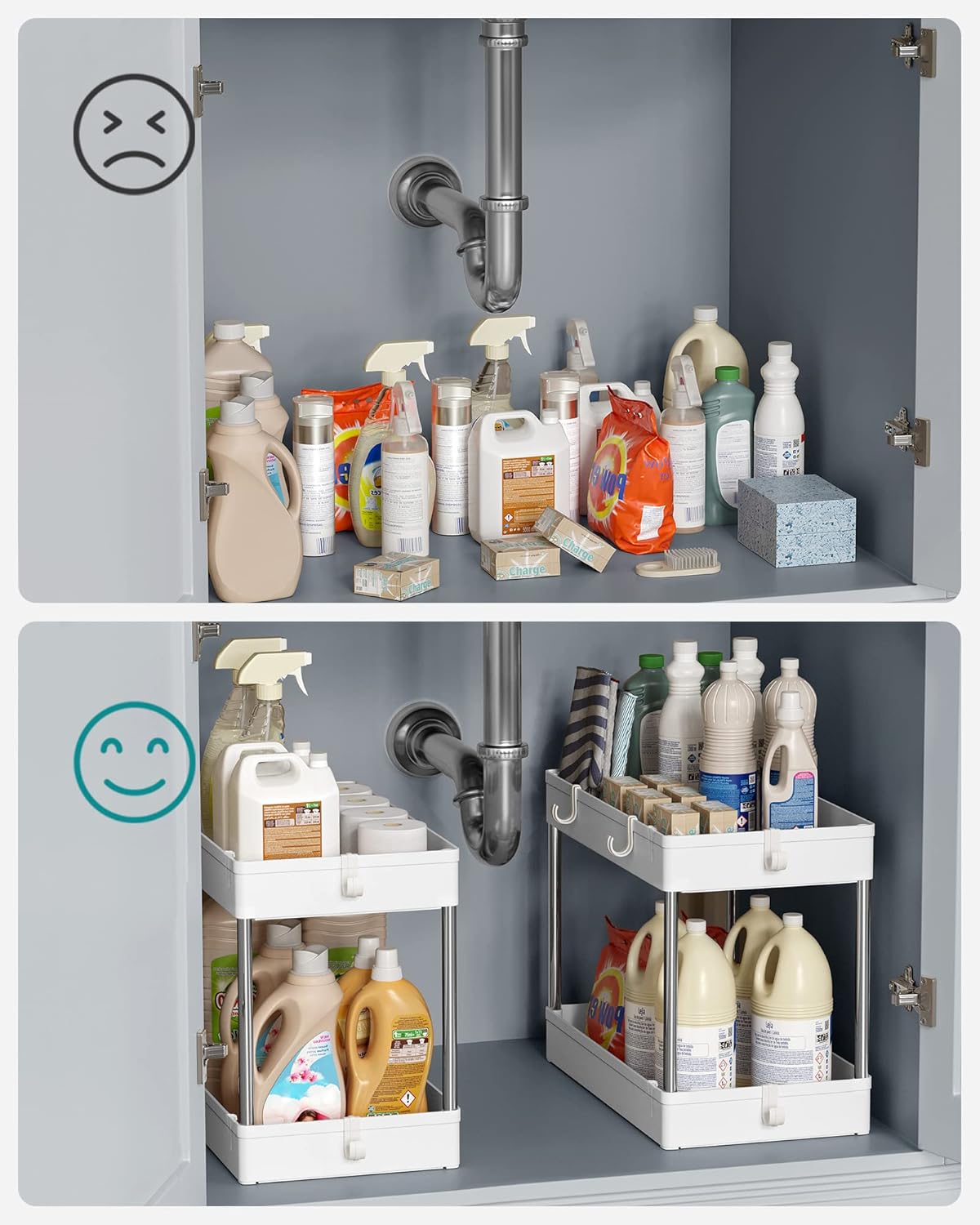 SONGMICS Under Sink Storage Kitchen Organiser, Under Bathroom Sink Storage 2 Tier Organizer Bath Collection Baskets with Hooks，White BUO001W01-6