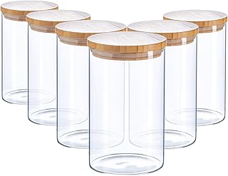 Argon Tableware Scandi Storage Jars with Wooden Lids - 1000ml - 6 Pack - Modern Round Organisation Container Glass Jar for Kitchens, Pantry, Bathrooms, Utility Rooms