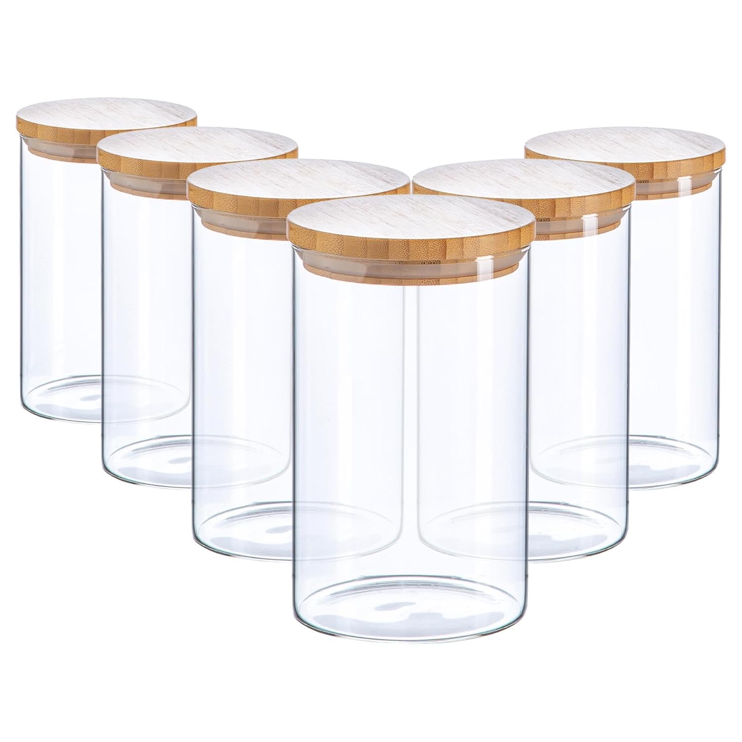 Argon Tableware Scandi Storage Jars with Wooden Lids - 1000ml - 6 Pack - Modern Round Organisation Container Glass Jar for Kitchens, Pantry, Bathrooms, Utility Rooms-0