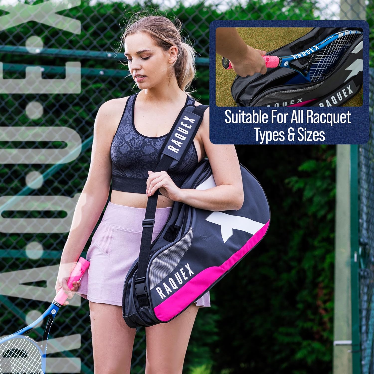 Raquex Tennis Bag - Racket Bag for Tennis, Badminton & Squash Racquets. Blue, Black or Magenta. Badminton Bag, Holds up to 6 Racquets + Accessories + Trainers-4