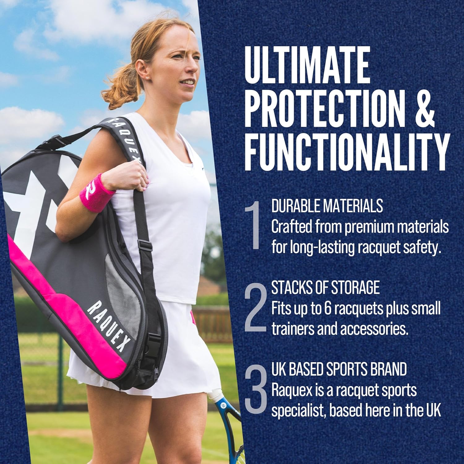 Raquex Tennis Bag - Racket Bag for Tennis, Badminton & Squash Racquets. Blue, Black or Magenta. Badminton Bag, Holds up to 6 Racquets + Accessories + Trainers-5