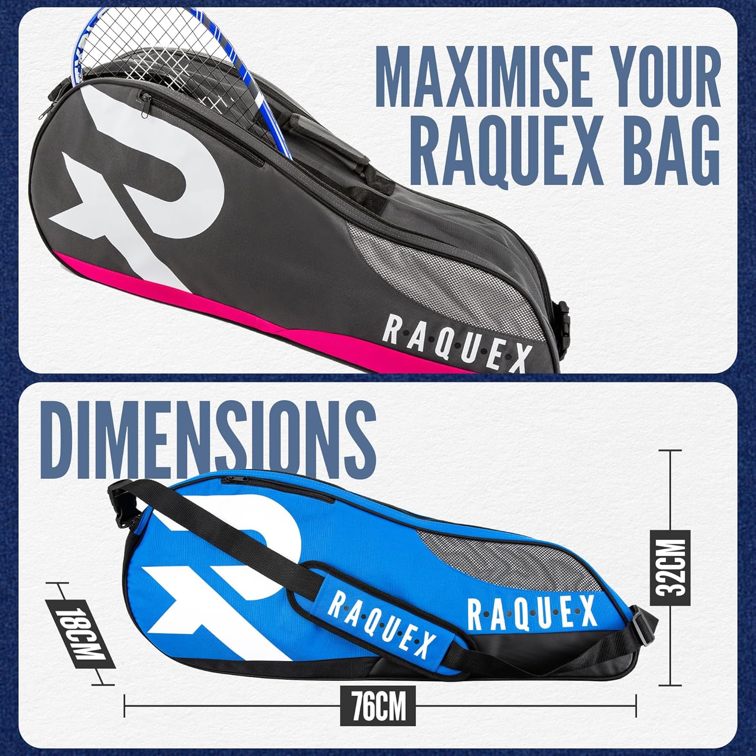 Raquex Tennis Bag - Racket Bag for Tennis, Badminton & Squash Racquets. Blue, Black or Magenta. Badminton Bag, Holds up to 6 Racquets + Accessories + Trainers-7