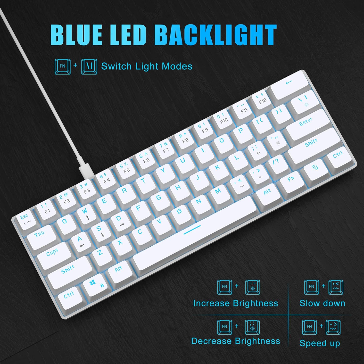 MageGee MK-Mini 60% Mechanical Gaming Keyboard, 61 Keys Compact Red Switches, Portable USB Type-C Wired Office Keyboard with Blue LED Backlit for Computer PC Laptop, White-2