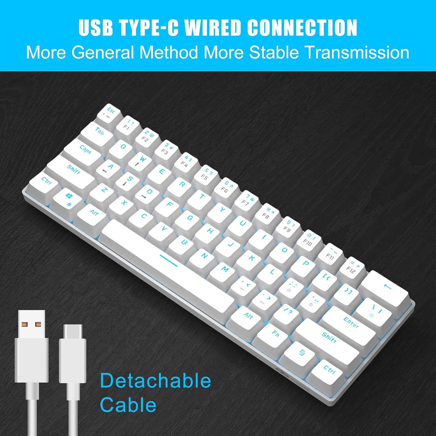 MageGee MK-Mini 60% Mechanical Gaming Keyboard, 61 Keys Compact Red Switches, Portable USB Type-C Wired Office Keyboard with Blue LED Backlit for Computer PC Laptop, White-3