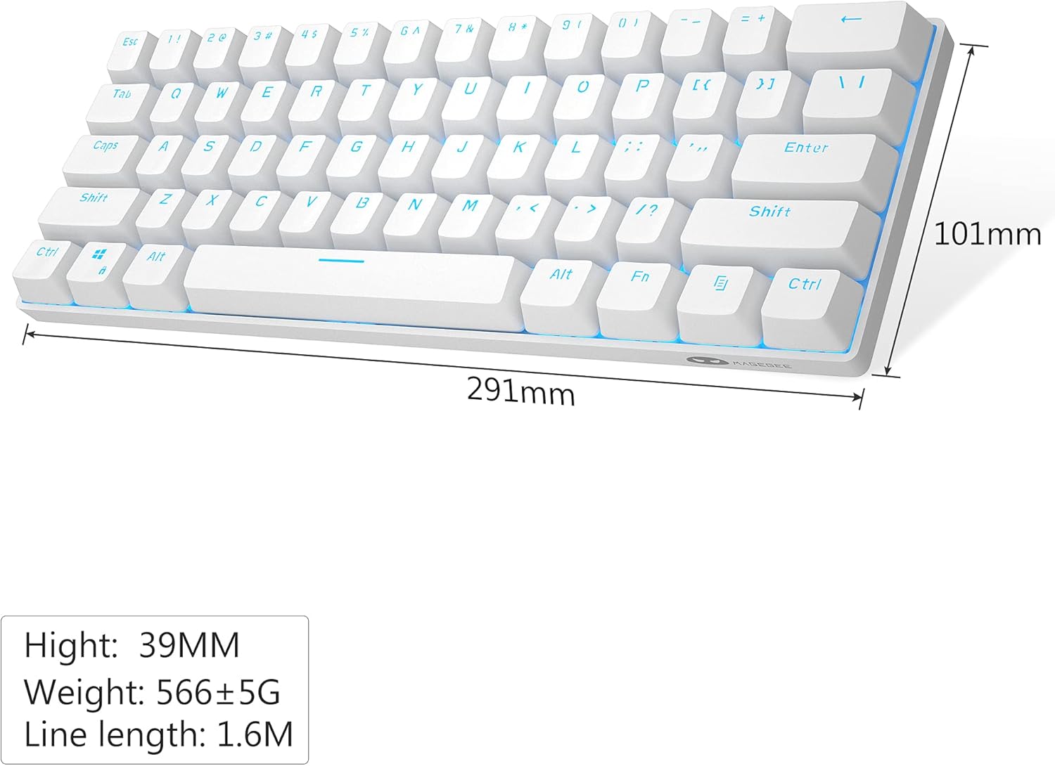 MageGee MK-Mini 60% Mechanical Gaming Keyboard, 61 Keys Compact Red Switches, Portable USB Type-C Wired Office Keyboard with Blue LED Backlit for Computer PC Laptop, White-5