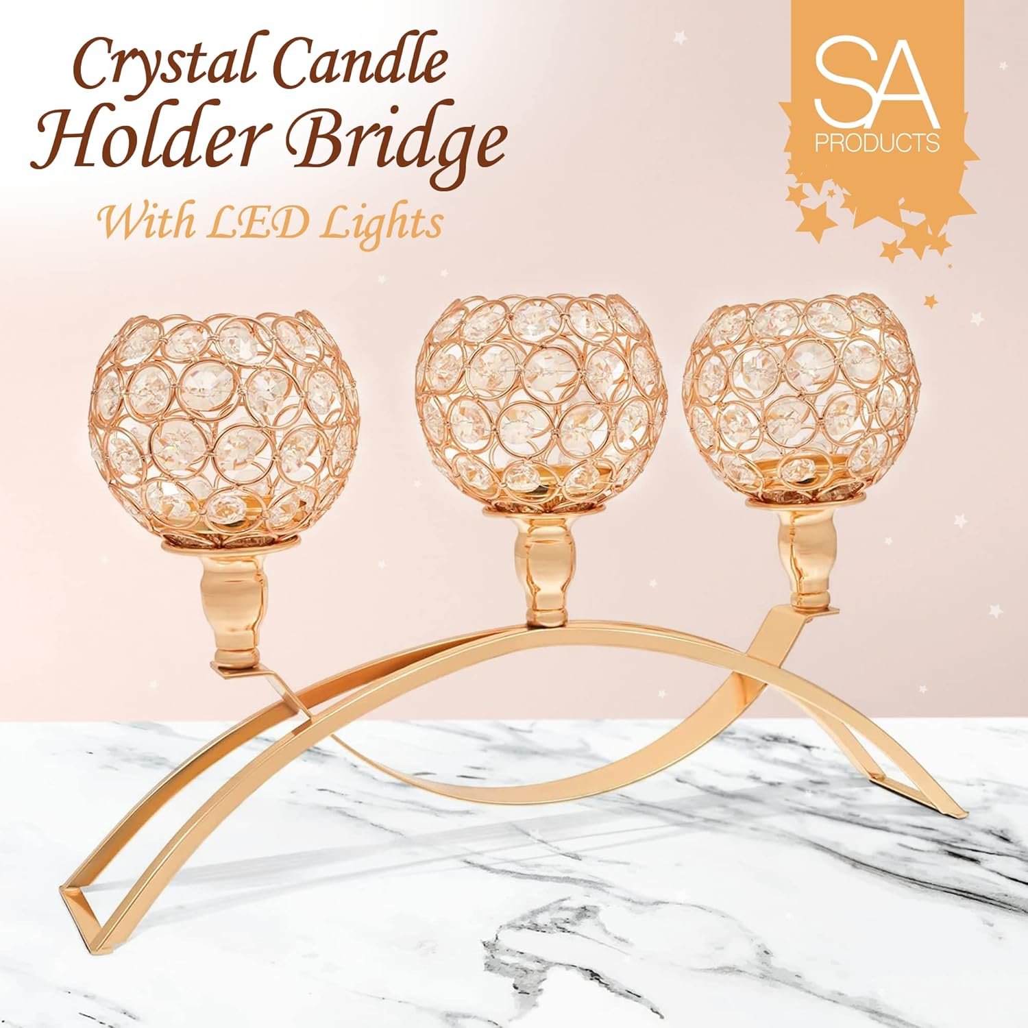 SA Products Crystal Candle Holder Bridge - Glass Ornaments for Tea Light, Taper Candles - Home Decor with Rust-Proof, Non-Slip Base - Christmas Centrepiece For Table Decorations & Centerpieces - Gold-1